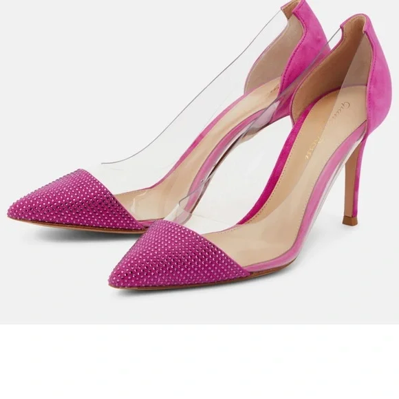 NEW Gianvito Rossi Fuchsia Crystal-Embellished Pointed Toe PVC Side Pumps - Picture 5 of 7